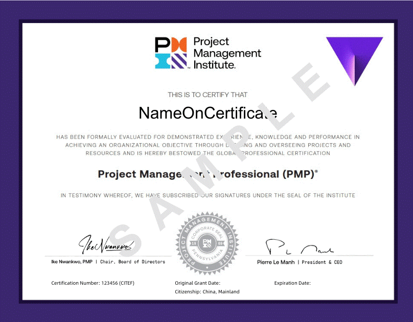 新PMP證書(shū)樣板